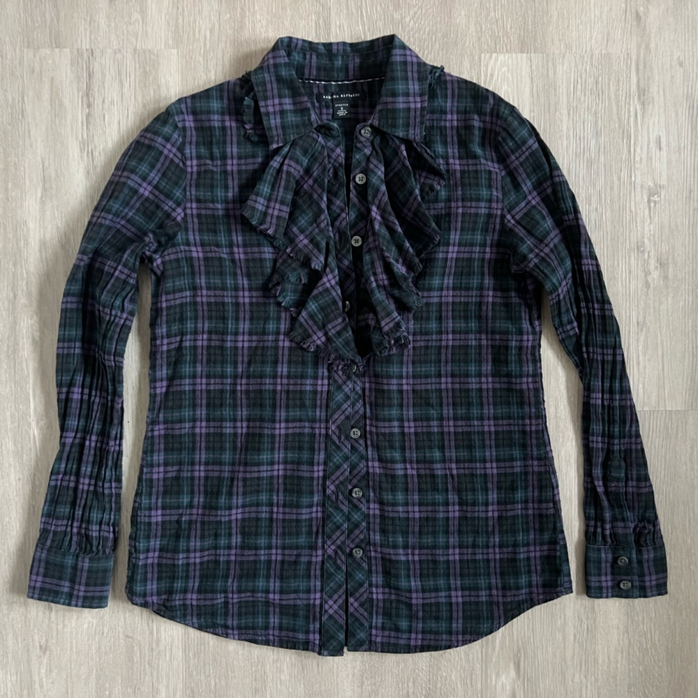 Banana Republic Ruffle Plaid Button Down Blouse Stretch Green Purple Small